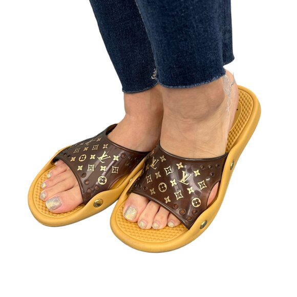 LOUIS VUITTON Vintage Monogram Logo Slide Sandals #36 US 6 Brown Rubber [103925] - Picture 1 of 13